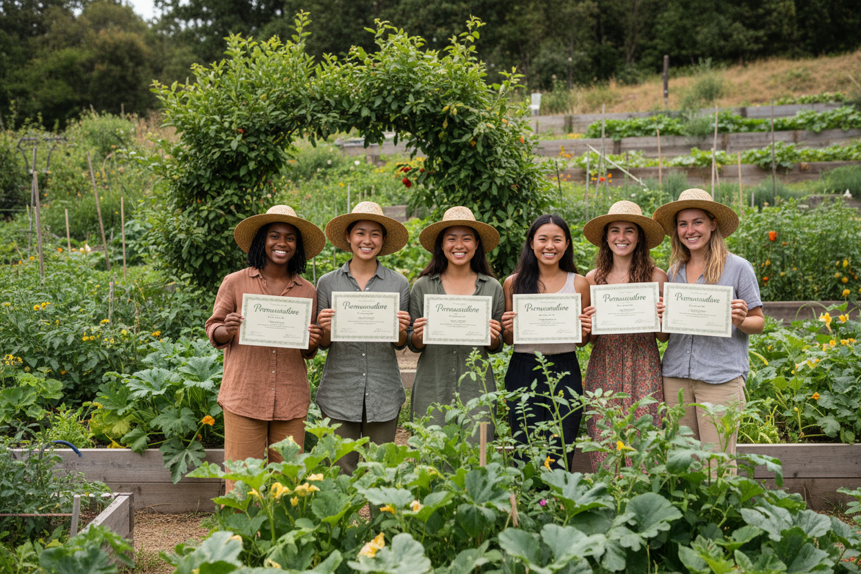 group of girl smiling into camera with permaculture certificate
