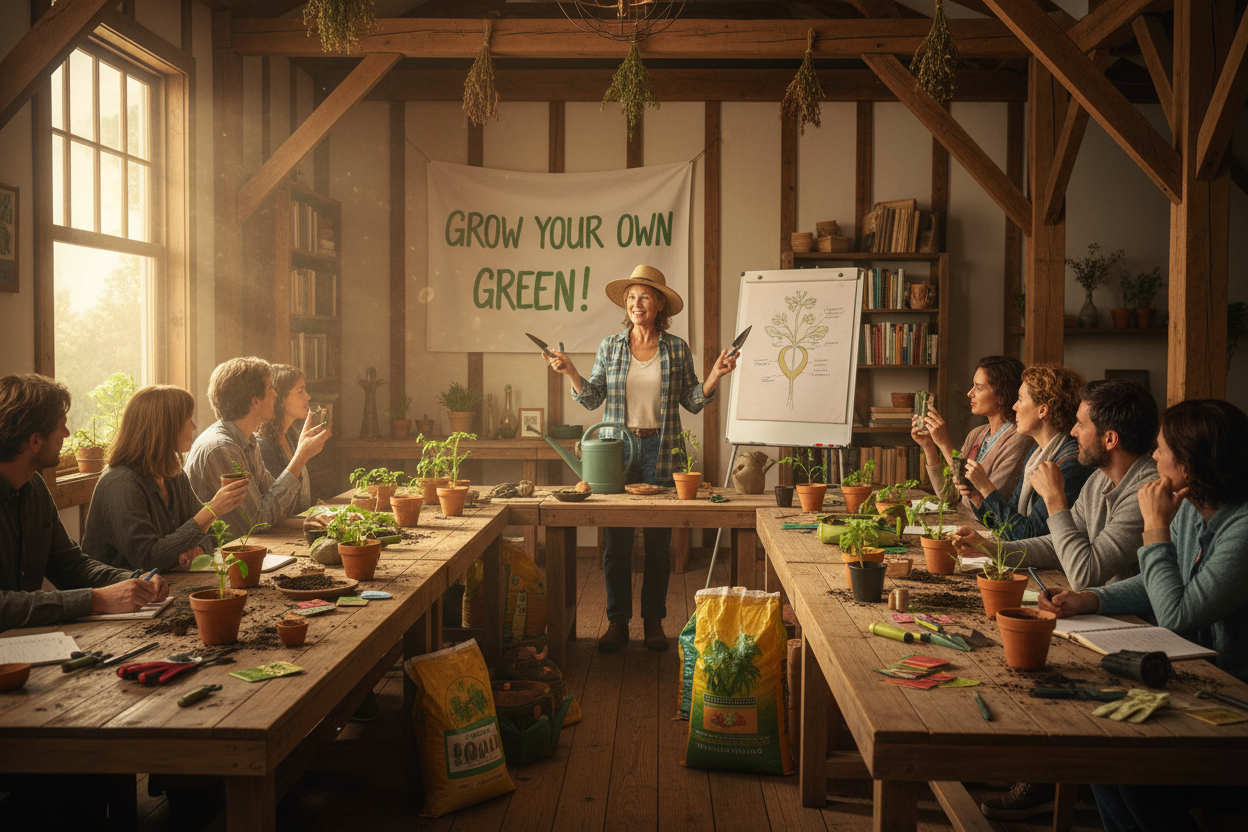 group of people in a meeting, one person stand and teach them gardning session